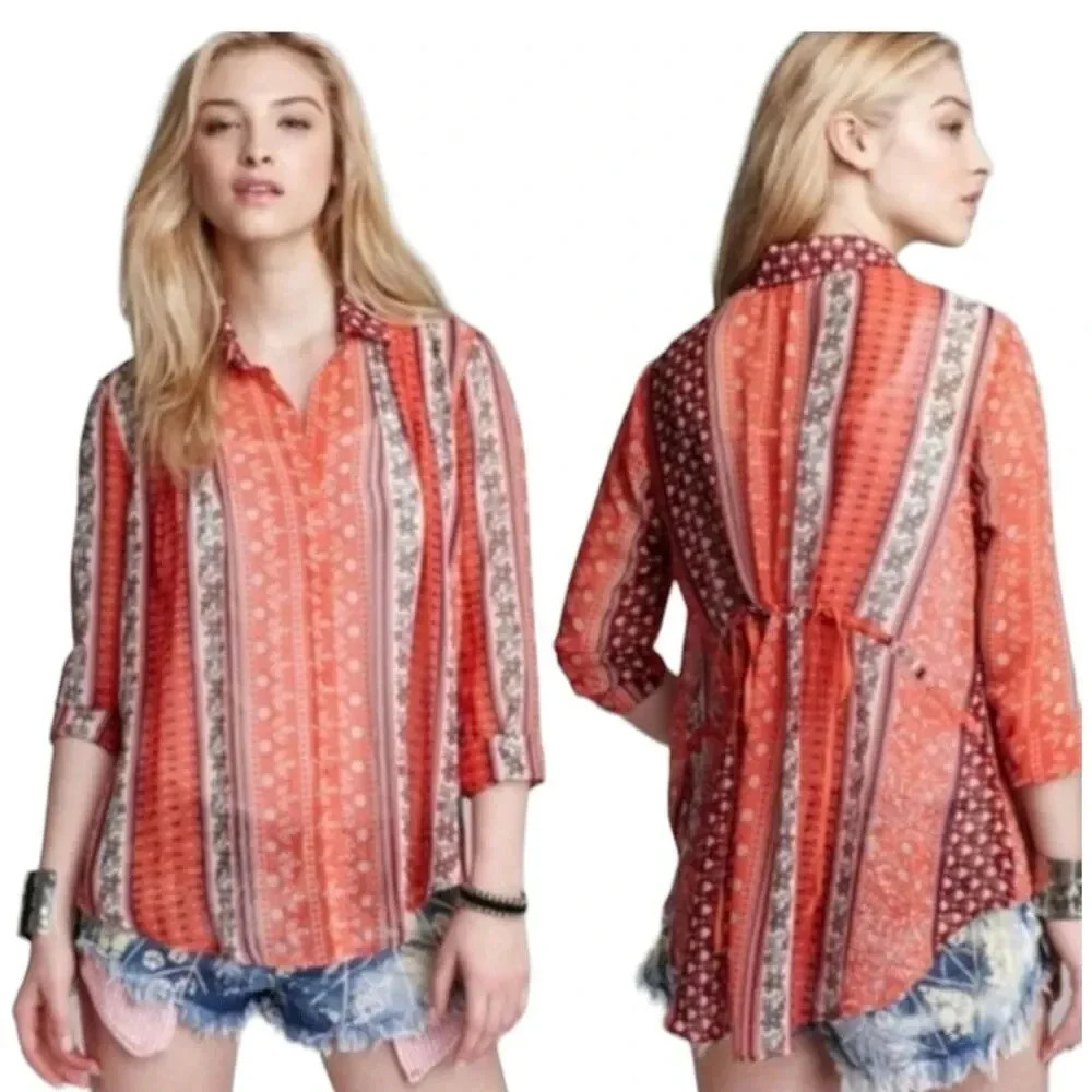 Free People Orange Sheer Moonlight Mile Boho Blouse S